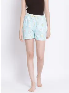 Kanvin Women Blue Owls Printed Mid-Rise Lounge Shorts