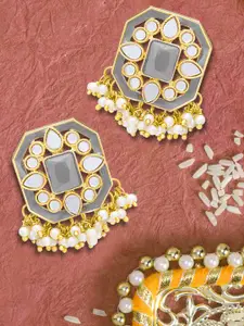 LIVE EVIL Grey & Gold Plated Enamelled Kundan Contemporary Studs Earrings