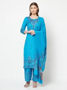 Safaa Blue & Red Viscose Rayon Unstitched Dress Material