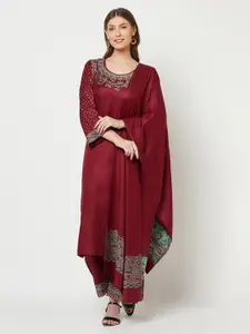 Safaa Maroon & Blue Viscose Rayon Unstitched Dress Material