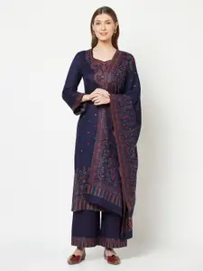 Safaa Navy Blue & Red Winter Unstitched Dress Material