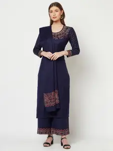 Safaa Navy Blue & Red Winter Unstitched Dress Material