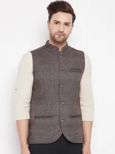 even Men Brown Woven Design Woollen Nehru Jacket