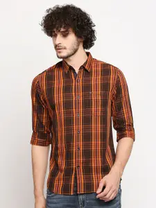 SPYKAR Men Brown & Orange Red Slim Fit Checked Pure Cotton Casual Shirt