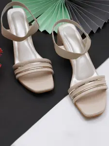 Misto Cream-Coloured Embellished Block Heel Sandals