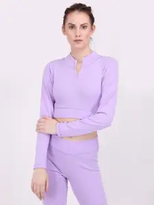EVERDION Lavender Ribbed Long Sleeve Zip Front Pure Cotton Crop Top