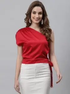 NEUDIS Red One Shoulder Extended Sleeves Sheen Satin Top