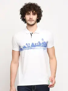 SPYKAR Men White & Blue Polo Collar Slim Fit T-shirt