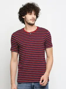 SPYKAR Men Red & Navy Blue Striped Henley Neck Slim Fit T-shirt