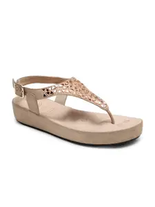 VON WELLX GERMANY Women Peach & Gold-Toned Embellished T-Strap Flats