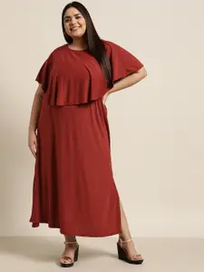Sztori Women Plus Size Maroon Solid Layered Extended Sleeves Side Slit A-Line Maxi Dress