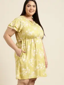 Sztori Women Plus Size Lime Green & Off White Floral A-Line Dress