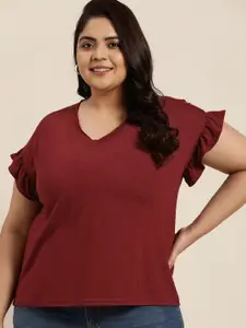 Sztori Plus Size Maroon Solid Extended Sleeves Ruffles Top