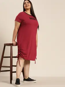 Sztori Women Plus Size Red & Black Ruched T-shirt Dress