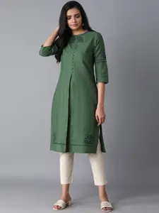 W Women Green Solid Thread Work A-line Kurta