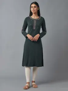 W Women Grey Flared Sleeves Thread Work A-line Kurta