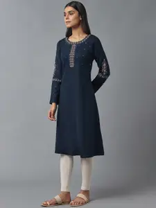 W Women Blue Embroidered Thread Work Kurta