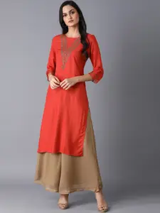 W Women Orange Embroidered Thread Work Kurta