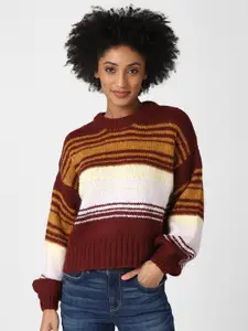 FOREVER 21 Women Maroon & White Striped Pullover Sweater