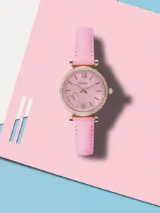Fossil Women Pink Dial & Pink Leather Straps Analogue Watch- ES5177