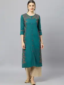 FASHION DEPTH Women Sea Green Floral Embroidered Straight Kurta