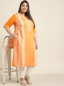 Sztori Women Plus Size Orange & White Geometric Printed Straight Kurta