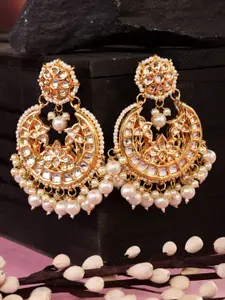 Saraf RS Jewellery Gold-Toned & White Kundan & Pearl Contemporary Chandbalis Earrings