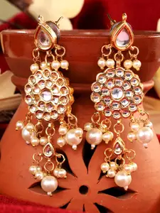 Saraf RS Jewellery Gold-Plated Kundan Studded & Pearl Beaded Contemporary Drop Earrings