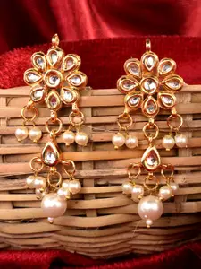 Saraf RS Jewellery Gold-Toned Contemporary Kundan and Pearl Drop Earrings