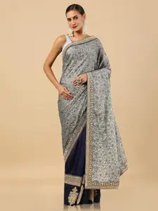 Soch Grey Floral Embroidered Pure Silk Tussar Saree