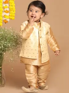 VASTRAMAY Infant Boys Rose Gold Silk Blend Kurta & Pyjamas With Gold Woven Nehru Jacket
