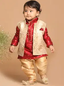 VASTRAMAY Boys Maroon Woven Design Kurta with Pyjamas and Nehru Jacket