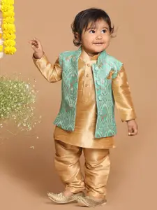 VASTRAMAY Boys Rose Gold & Green Silk Blend Kurta & Pyjamas with Nehru Jacket