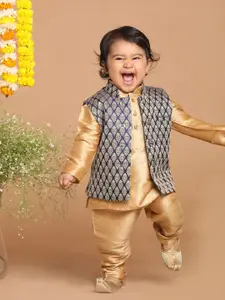 VASTRAMAY Infant Boys Gold-Toned & Blue Kurta with Pyjamas & Nehru Jacket