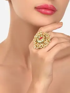 Zaveri Pearls Gold-Plated White & Red Kundan & Pearl Beadded Finger Ring