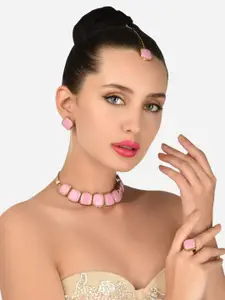 Zaveri Pearls Pink Stones Embellished Necklace Earring Maangtikka & Ring Set