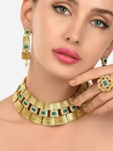 Zaveri Pearls Gold-Plated Green Stones & Austrian Diamonds Necklace Set