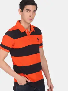 U.S. Polo Assn. U S Polo Assn Men Orange & Black Striped Polo Collar Applique T-shirt