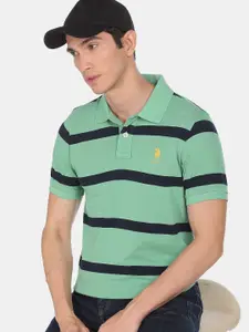 U.S. Polo Assn. U S Polo Assn Men Green & Navy Blue Striped Polo Collar T-shirt