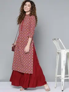 HERE&NOW Women Maroon & White Floral Printed Pure Cotton Straight Kurta with Round Neck