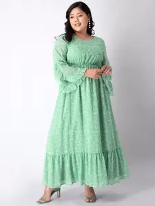 FabAlley Curve Green Ethnic Motifs Georgette Maxi Dress