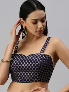 flaher Women Navy Blue & Golden Ethnic Motif Woven Design Jacquard Padded Blouse