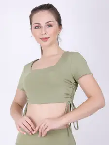 EVERDION Green Solid Ruched Crop Top