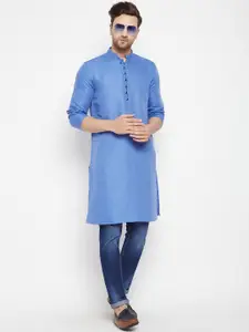 even Men Blue Solid Dobby Kurta