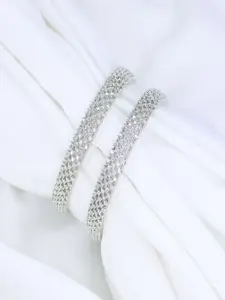 I Jewels Set of 2 Silver Rhodium Plated White American Diamond Studded Bangles