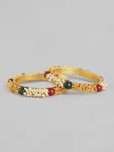 I Jewels Set of 2 Gold Plated Pearl Studded & Beaded Bangles