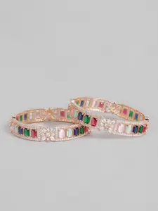 I Jewels Set of 2 Pink & Green Rose Gold Plated American Diamond Studded Bangles