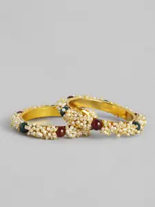 I Jewels Women Set of 2 Gold-Plated & Off-White Beaded Bangles