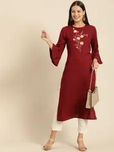 all about you Women Maroon Floral Thread Work Detail Bell Sleeves Kurta