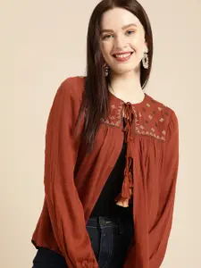 all about you Women Rust Orange Embroidered Tie-Up Shrug